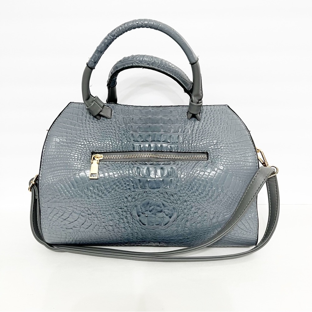 Blue/Gray Faux Croc Embossed Structured Satchel Handbag with Shoulder Strap